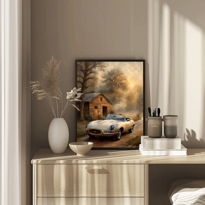 Vintage countryside oil painting digital art showing a classic car near a rustic cabin by AquilVision