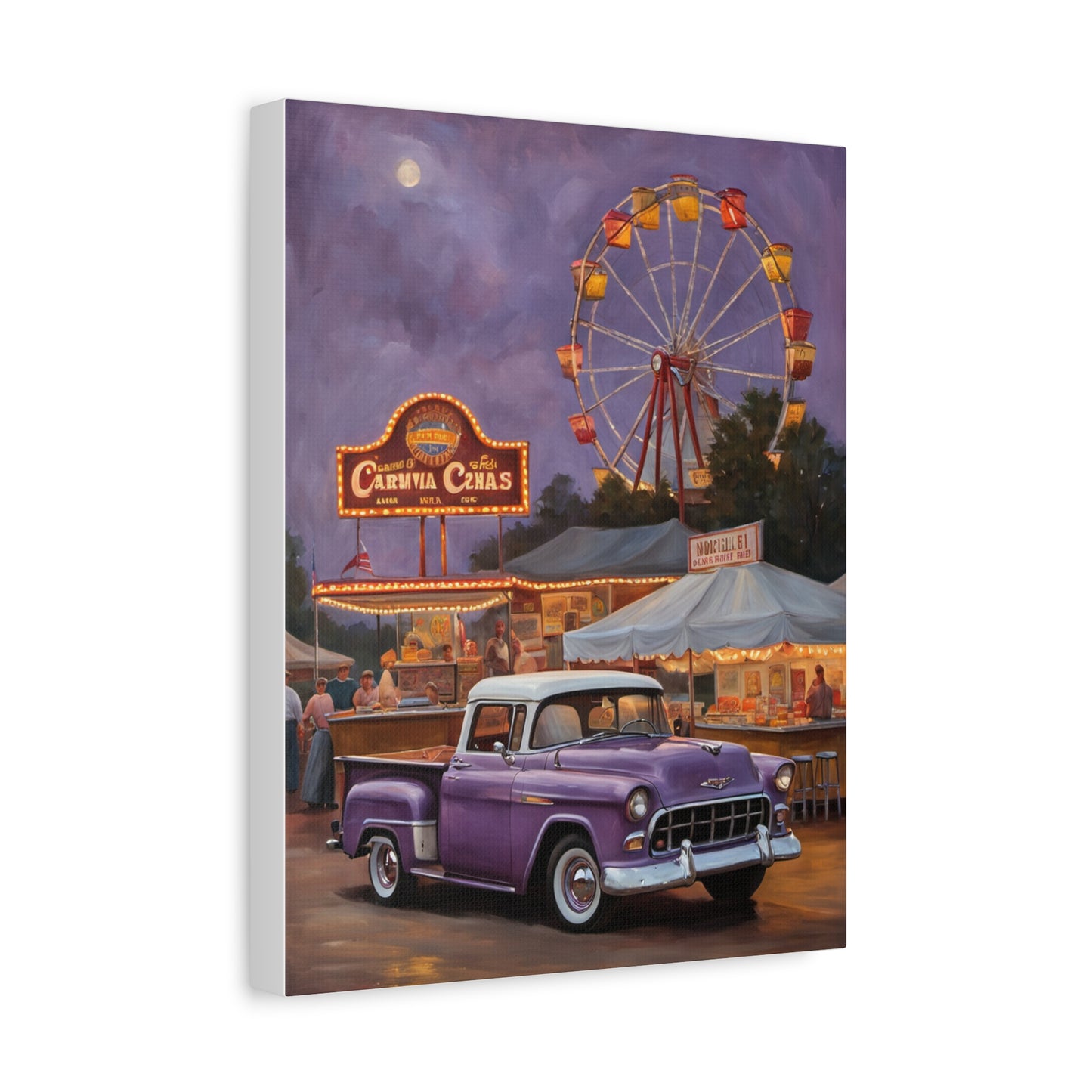 Vintage Fair Canvas Print featuring a purple truck and a ferris wheel at night with festive lights