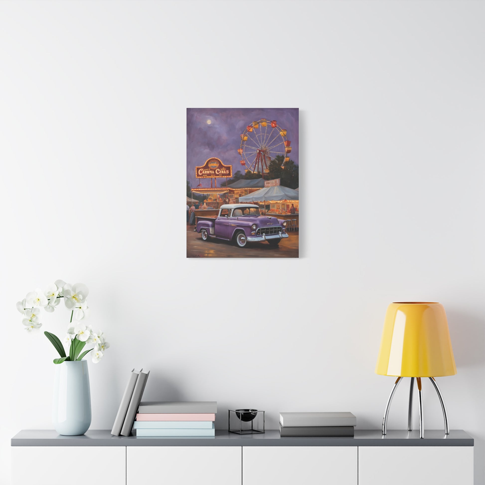 Vintage Fair Canvas Print featuring classic cars and a ferris wheel at a carnival setting