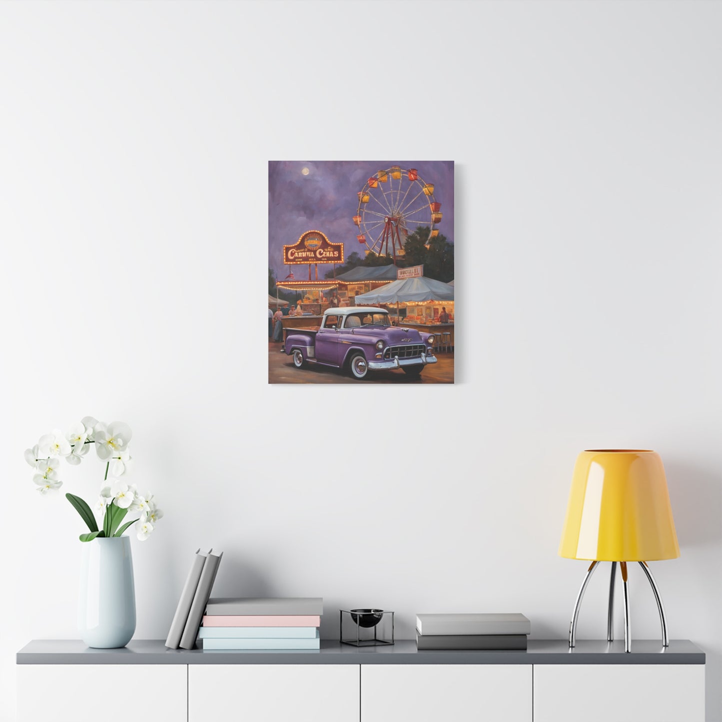 Vintage Fair Canvas Print featuring a classic car and carnival scene with a ferris wheel