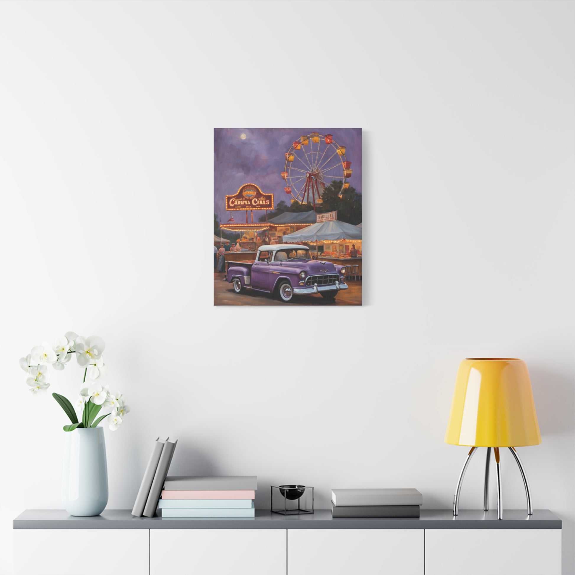 Vintage Fair Canvas Print featuring a classic car and carnival scene with a ferris wheel