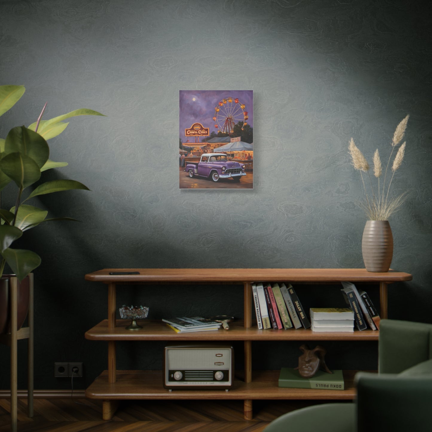 Vintage Fair Canvas Print featuring a classic car and a ferris wheel in a cozy living room setting
