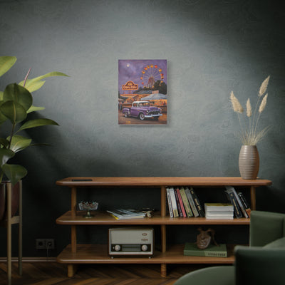 Vintage Fair Canvas Print featuring a classic car and a ferris wheel in a cozy living room setting