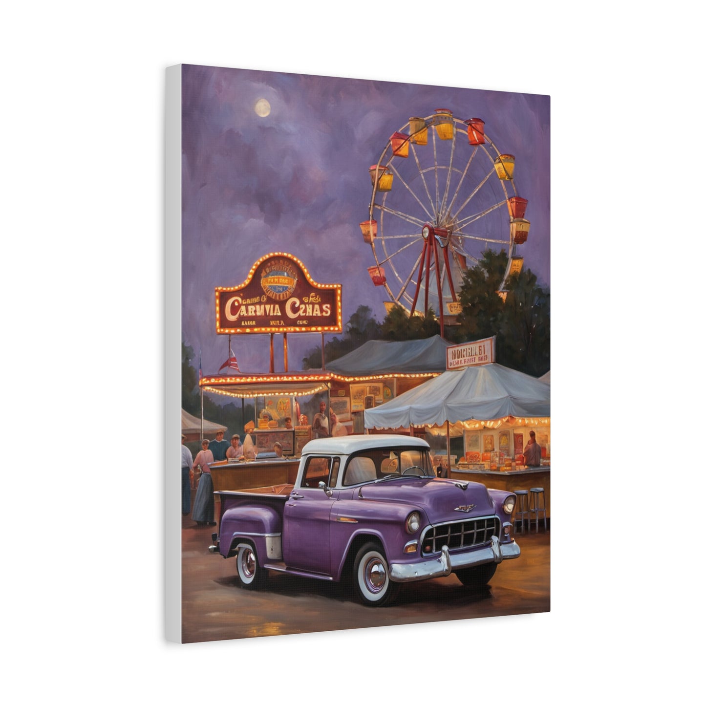 Vintage Fair Canvas Print featuring a purple truck and a ferris wheel under the moonlight
