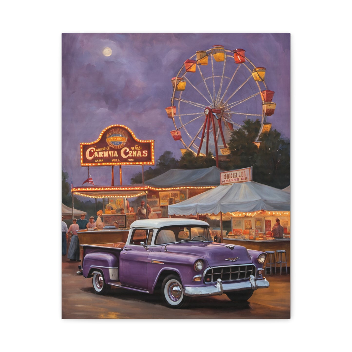 Vintage Fair Canvas Print featuring a classic purple truck and a ferris wheel at night