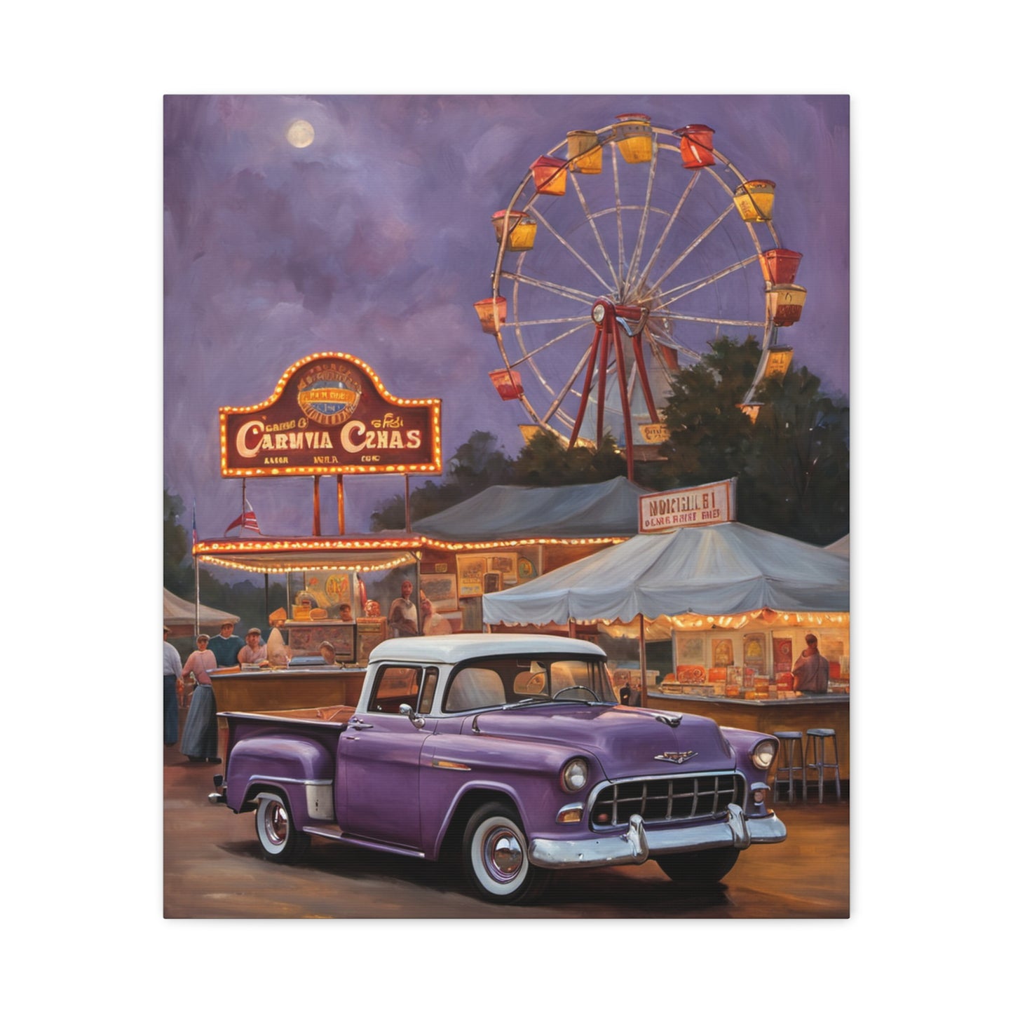 Vintage Fair Canvas Print depicting a purple truck at an amusement park with a Ferris wheel