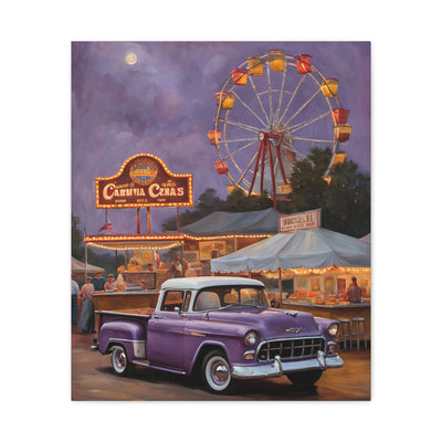 Vintage Fair Canvas Print depicting a purple truck at an amusement park with a Ferris wheel