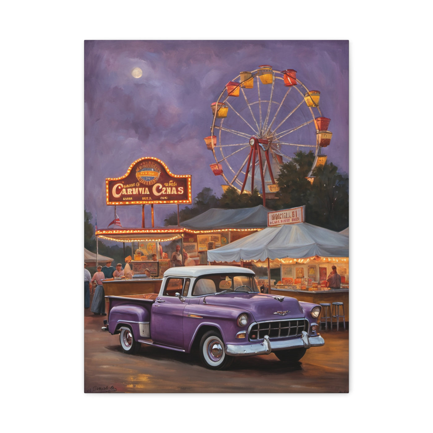 Vintage Fair Canvas Print featuring a purple truck and ferris wheel at a fairground under a night sky