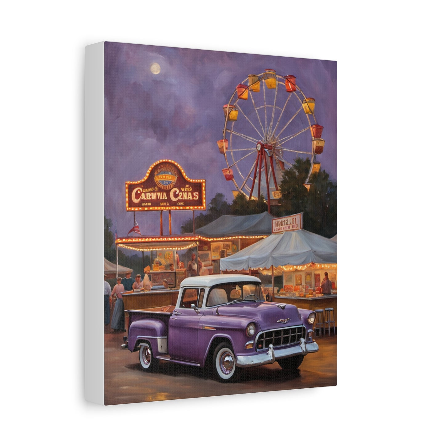 Vintage Fair Canvas Print featuring a classic purple truck near a ferris wheel and carnival stalls