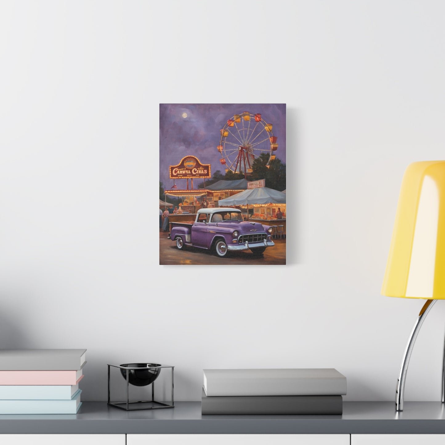 Vintage Fair Canvas Print featuring a classic car and a Ferris wheel at a carnival scene
