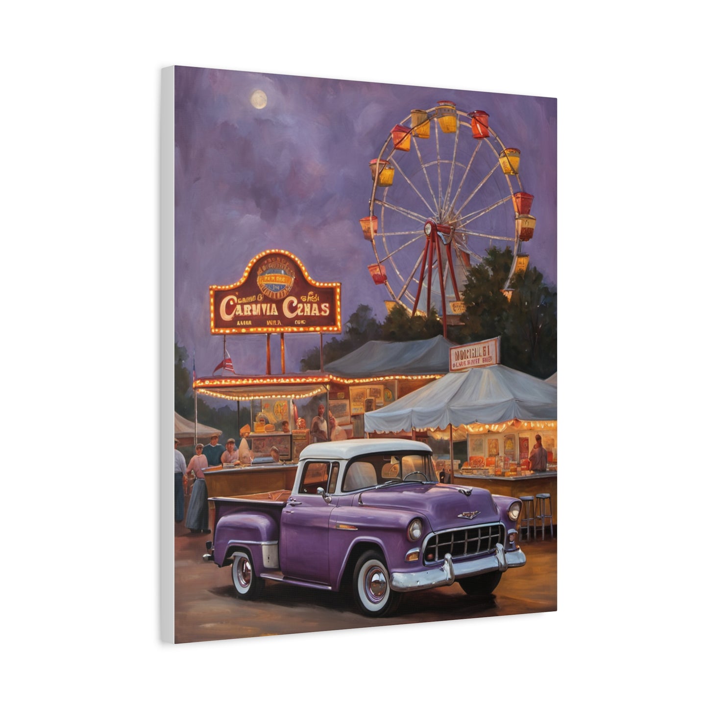 Vintage Fair Canvas Print featuring a purple classic truck and a ferris wheel at night