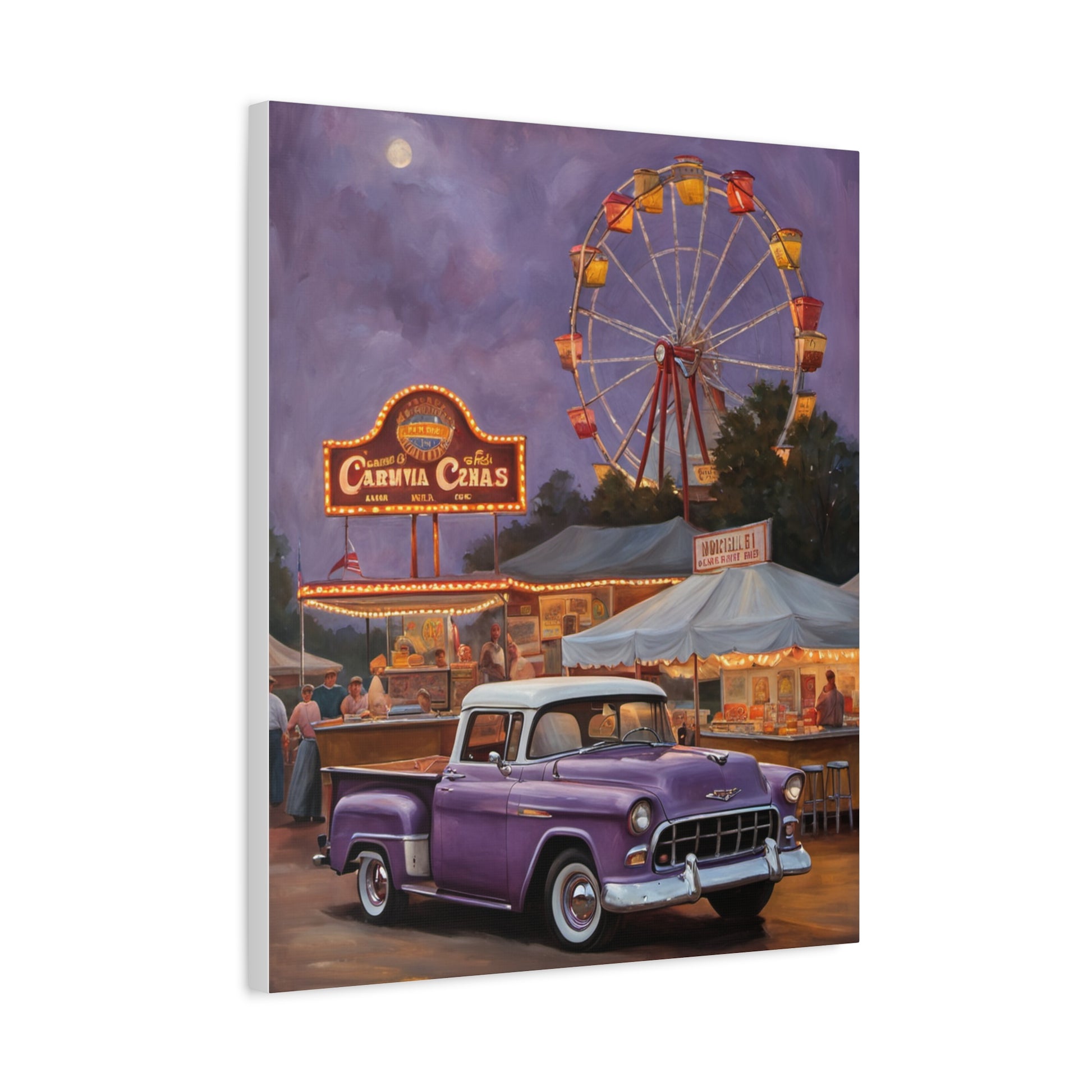 Vintage Fair Canvas Print featuring a purple classic truck and a ferris wheel at night