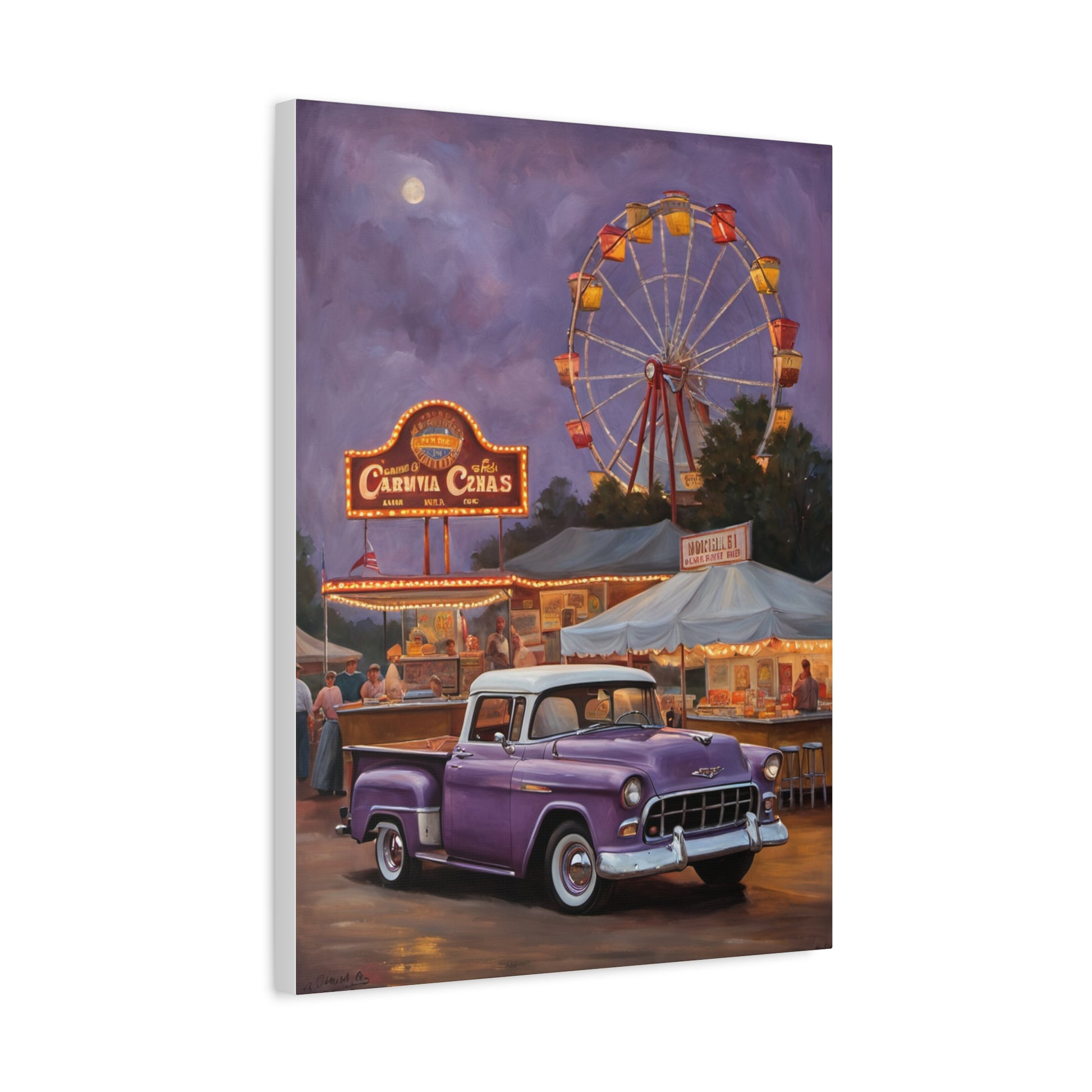 Vintage Fair Canvas Print featuring a purple truck and a colorful Ferris wheel at a carnival
