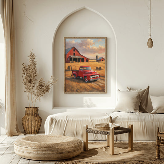 Vintage farmhouse decor painting of red truck and barn hanging in modern neutral living room