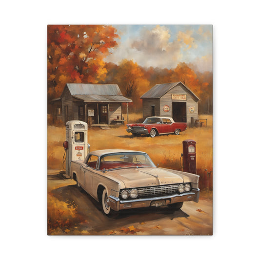 Vintage Gas Station Art Print featuring classic cars and rustic gas pumps in an autumn landscape
