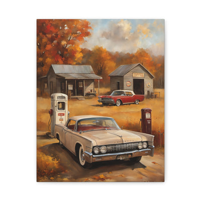 Vintage Gas Station Art Print featuring classic cars and rustic gas pumps in an autumn landscape
