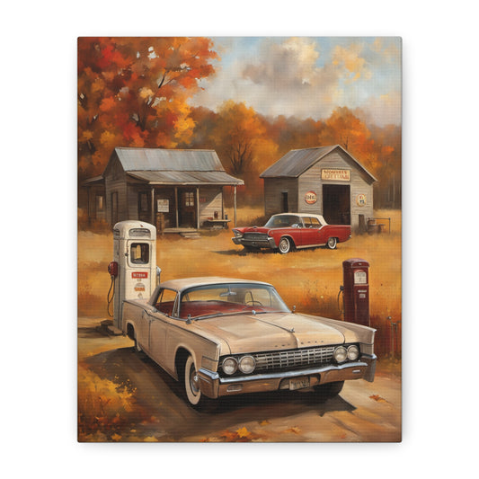 Vintage Gas Station Art Print featuring classic cars and rustic buildings in an autumn setting
