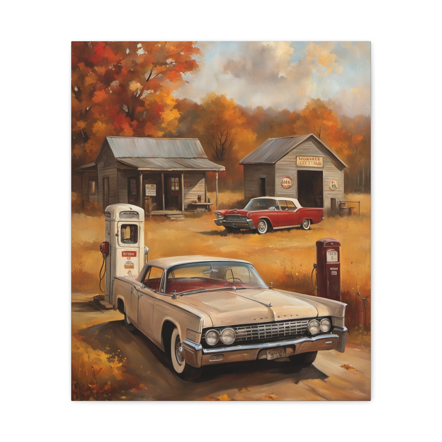 Vintage Gas Station Art Print featuring classic cars and autumn scenery in warm colors