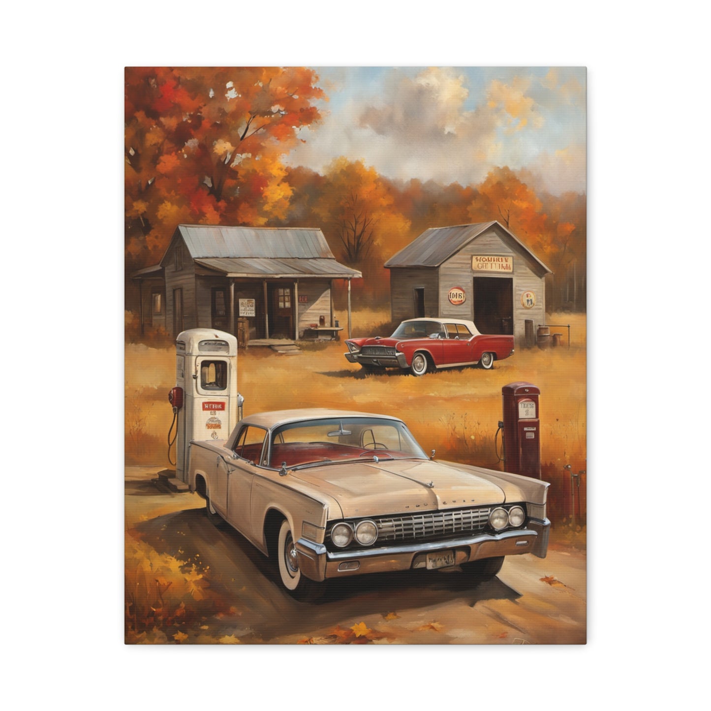 Vintage Gas Station Art Print featuring classic cars and autumn scenery, perfect for home decor.