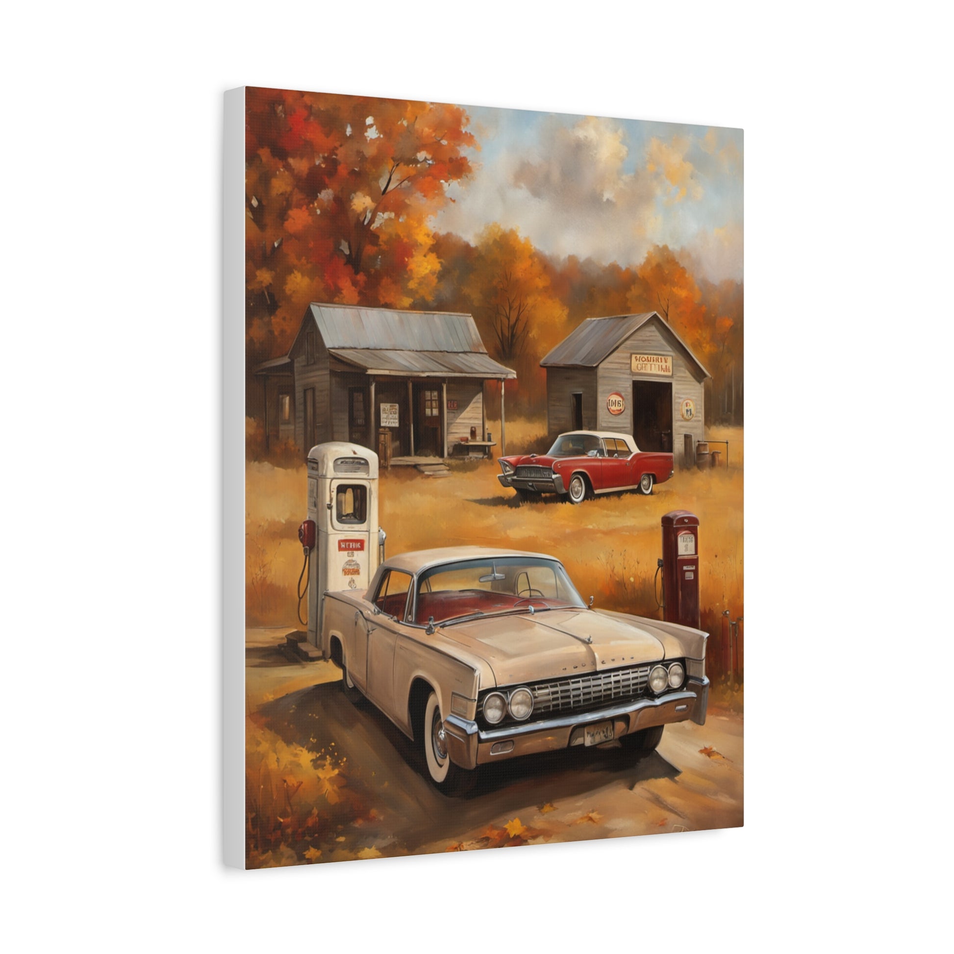 Vintage Gas Station Art Print featuring classic cars and retro gas pumps in an autumn landscape