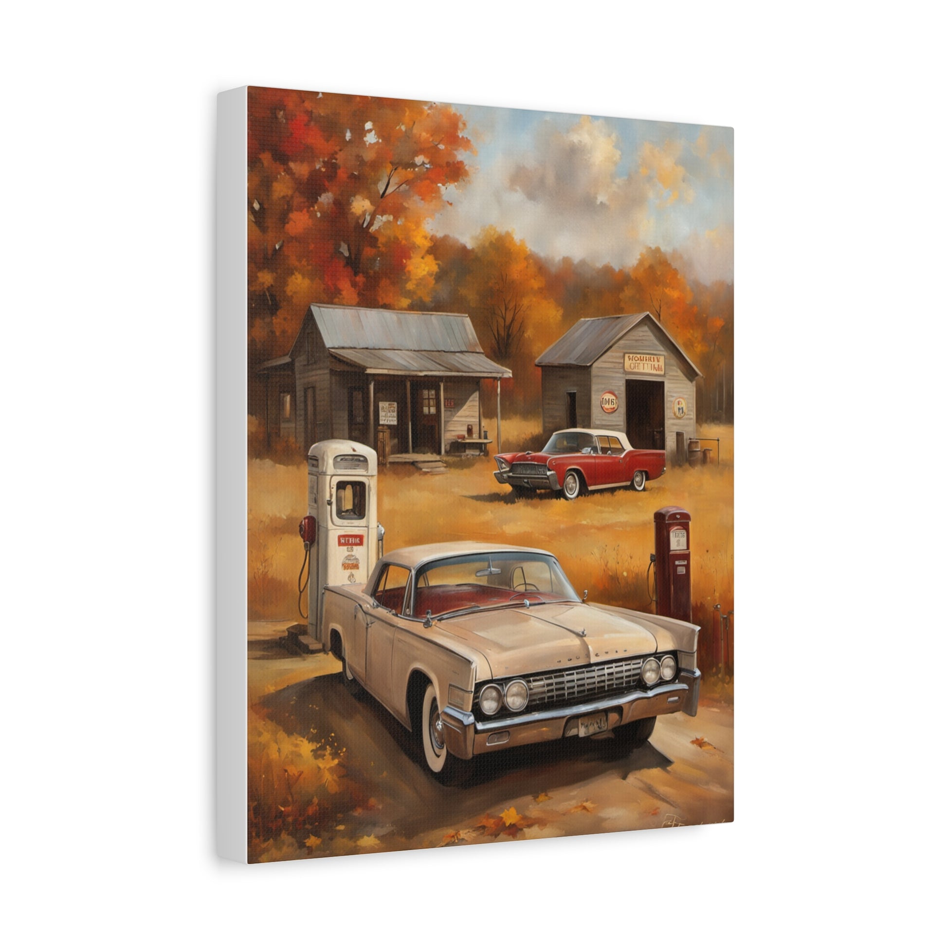 Vintage Gas Station Art Print featuring classic cars and nostalgic autumn scenery