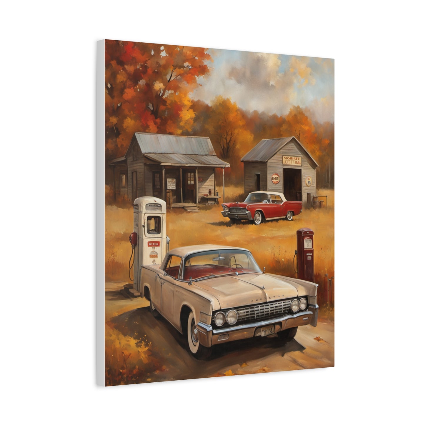 Vintage Gas Station Art Print featuring a classic car and retro gas pumps in a scenic autumn setting