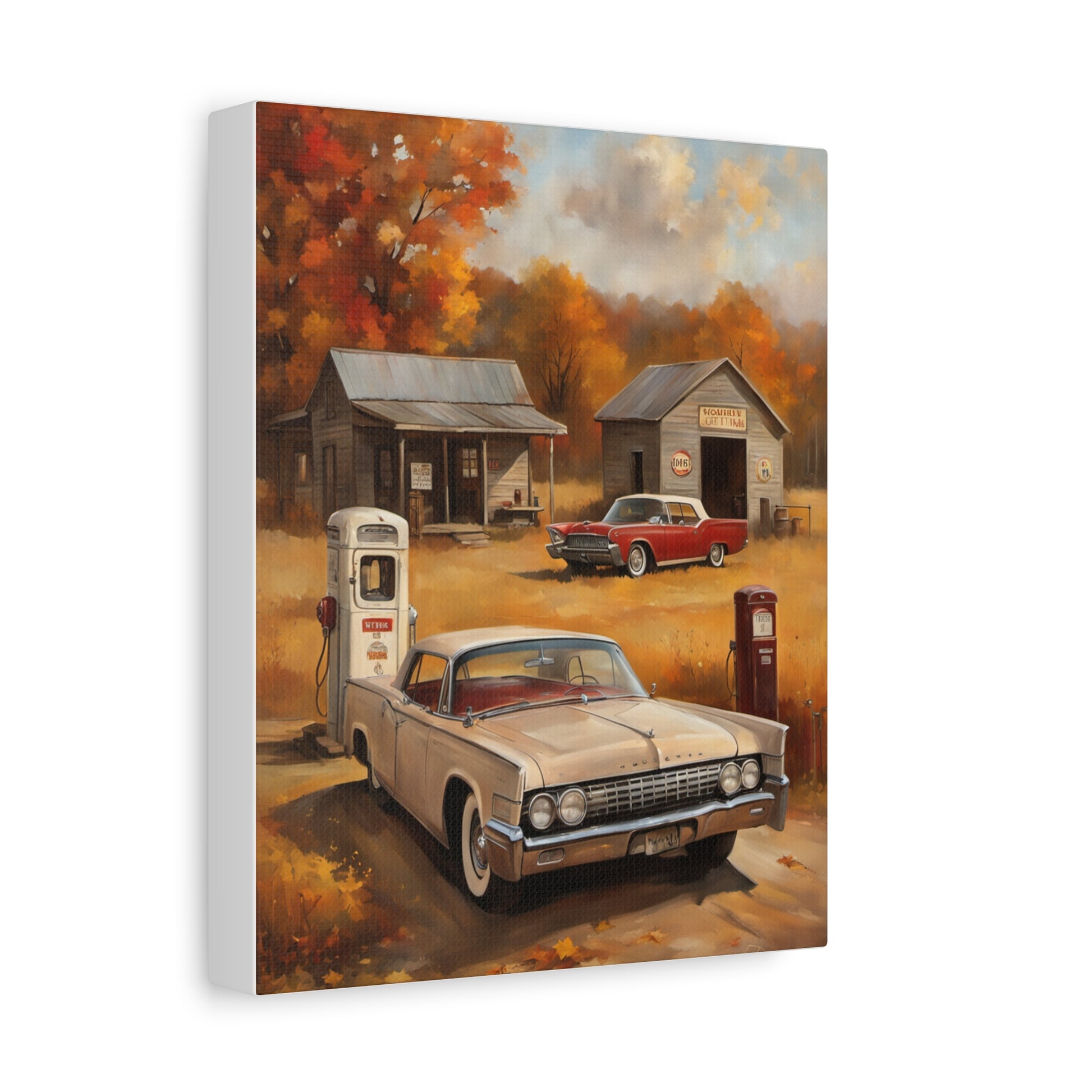 Vintage Gas Station Art Print featuring classic cars and autumn scenery on canvas