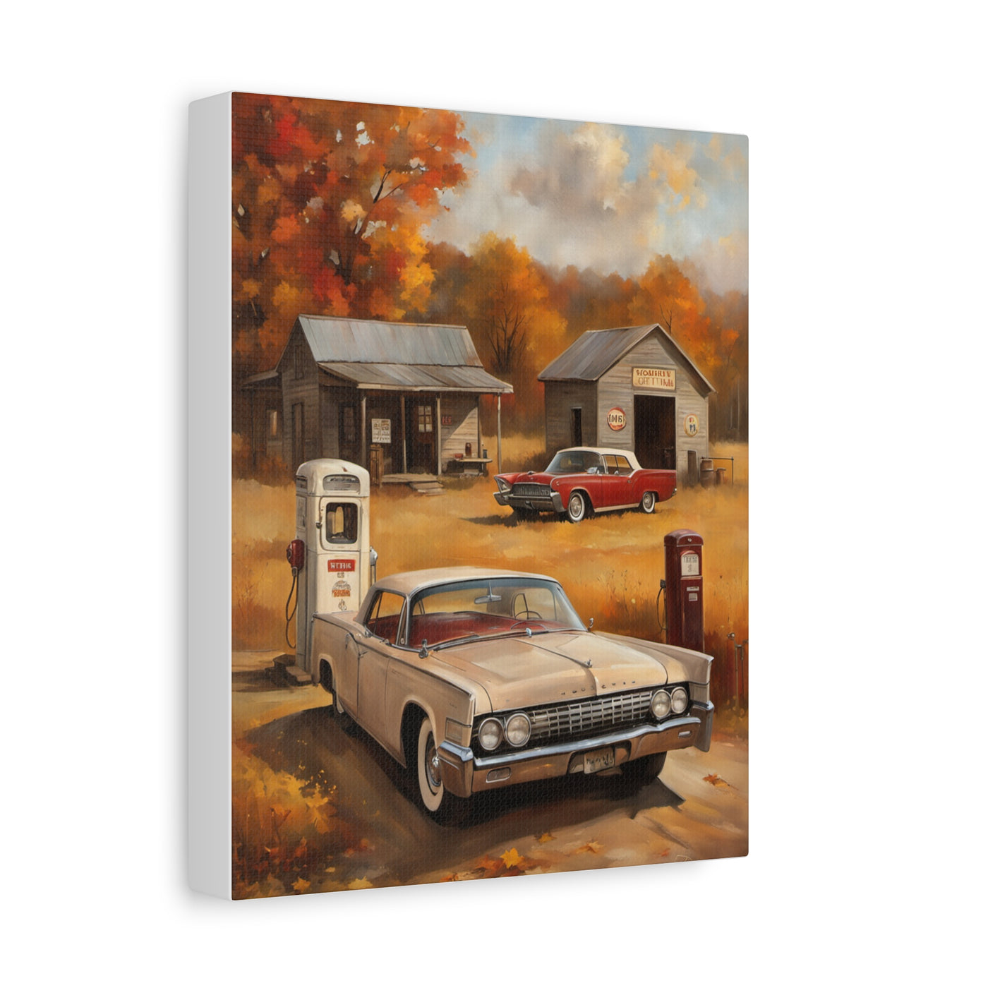 Vintage Gas Station Art Print featuring classic cars and autumn scenery on canvas