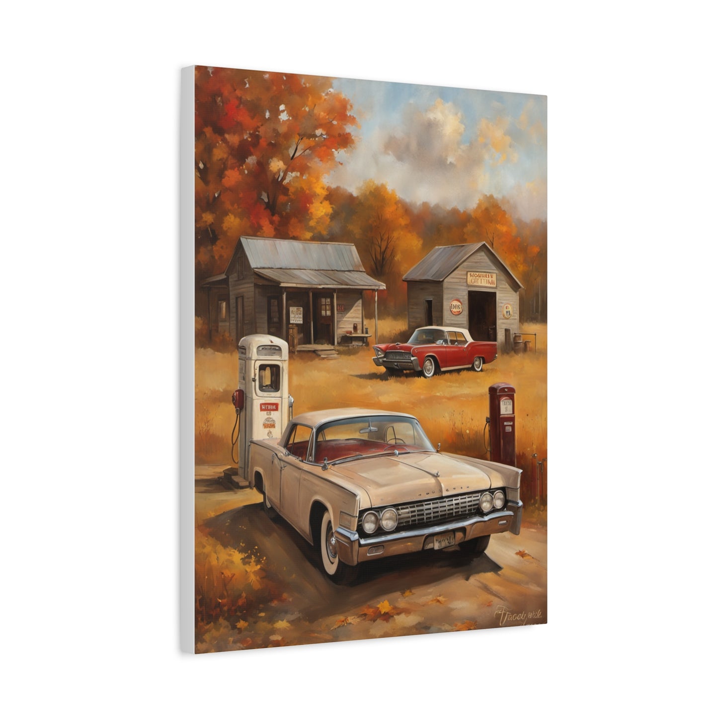 Vintage Gas Station Art Print featuring classic cars and autumn scenery in a nostalgic setting
