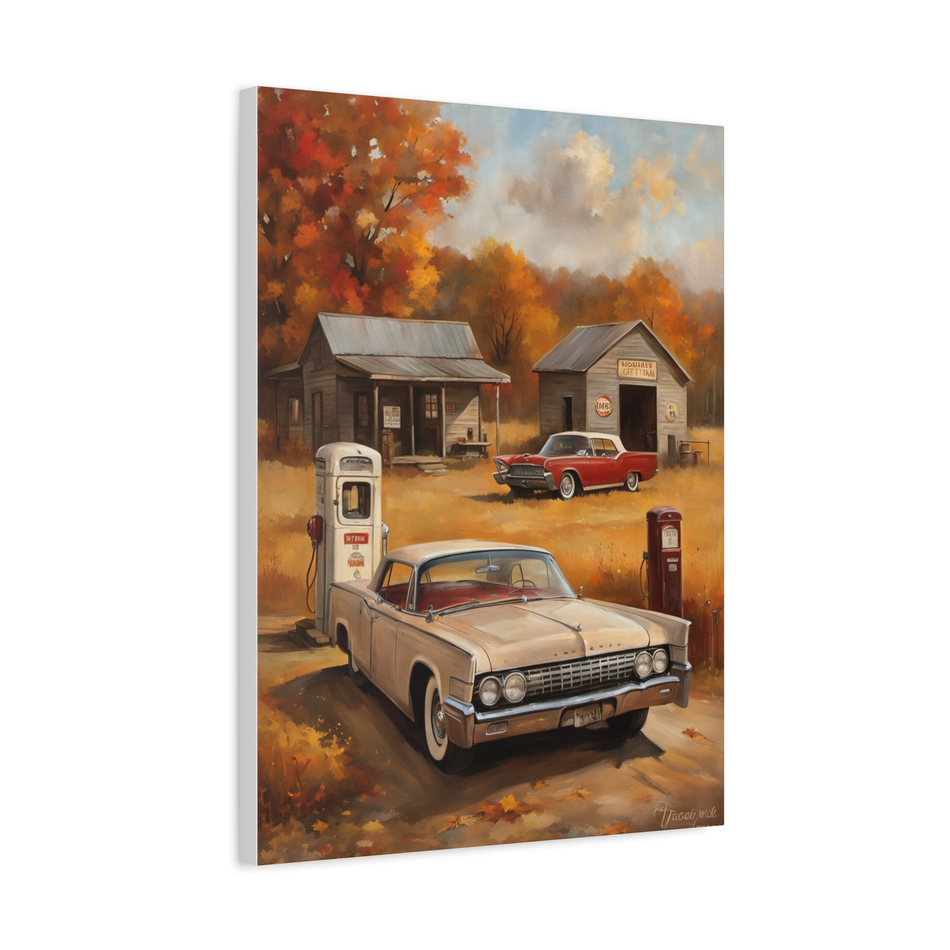 Vintage Gas Station Art Print featuring classic cars and autumn scenery in a nostalgic setting