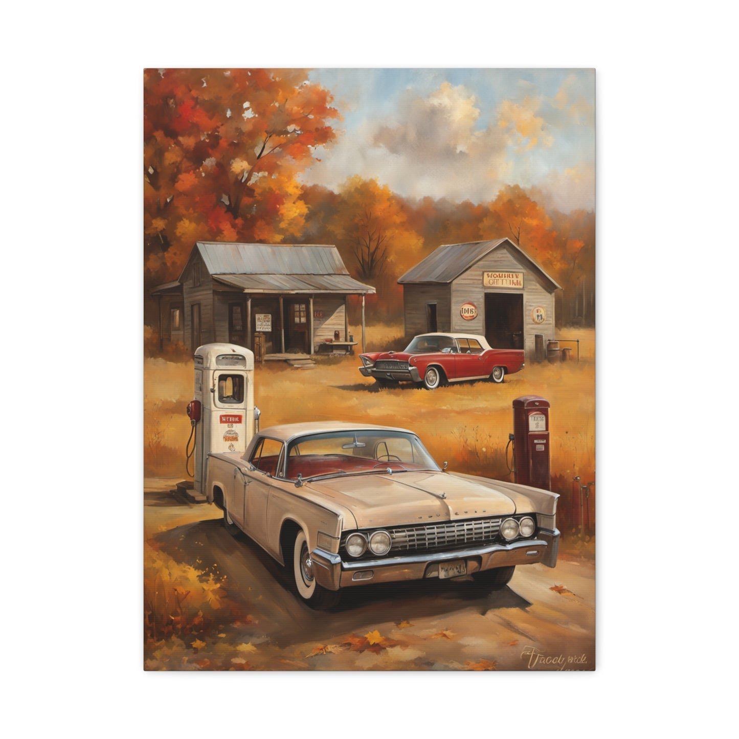 Vintage Gas Station Art Print featuring old cars and autumn scenery in warm colors