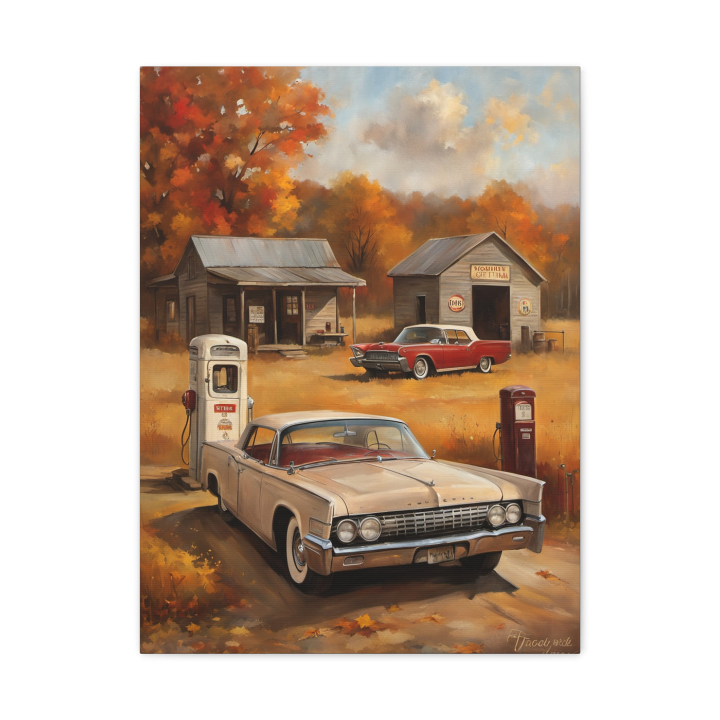 Vintage Gas Station Art Print featuring old cars and autumn scenery in warm colors