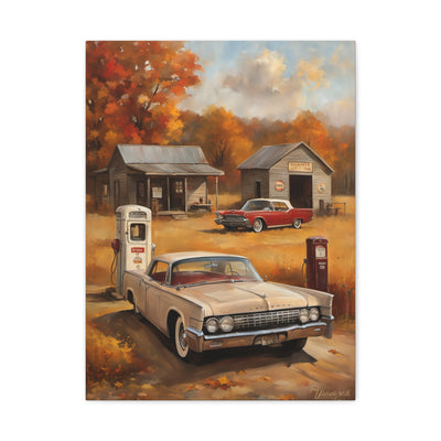 Vintage Gas Station Art Print featuring old cars and autumn scenery in warm colors