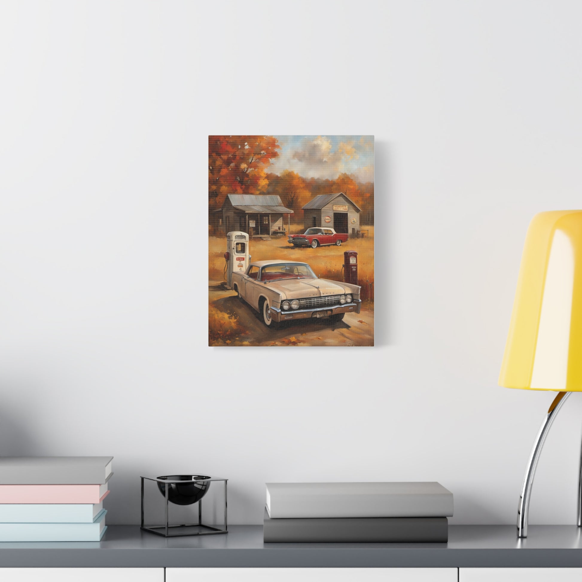 Vintage Gas Station Art Print featuring a classic car and rustic gas pumps in an autumn setting