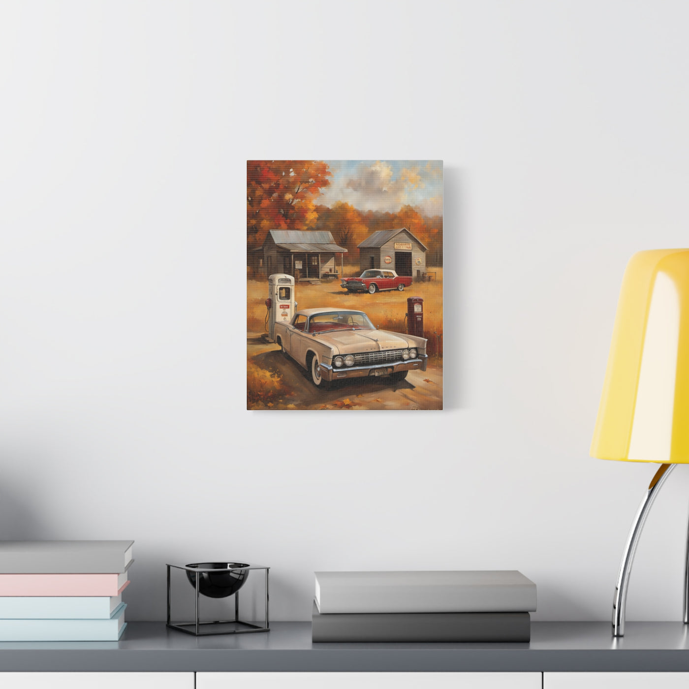 Vintage Gas Station Art Print featuring a classic car and rustic gas pumps in an autumn setting