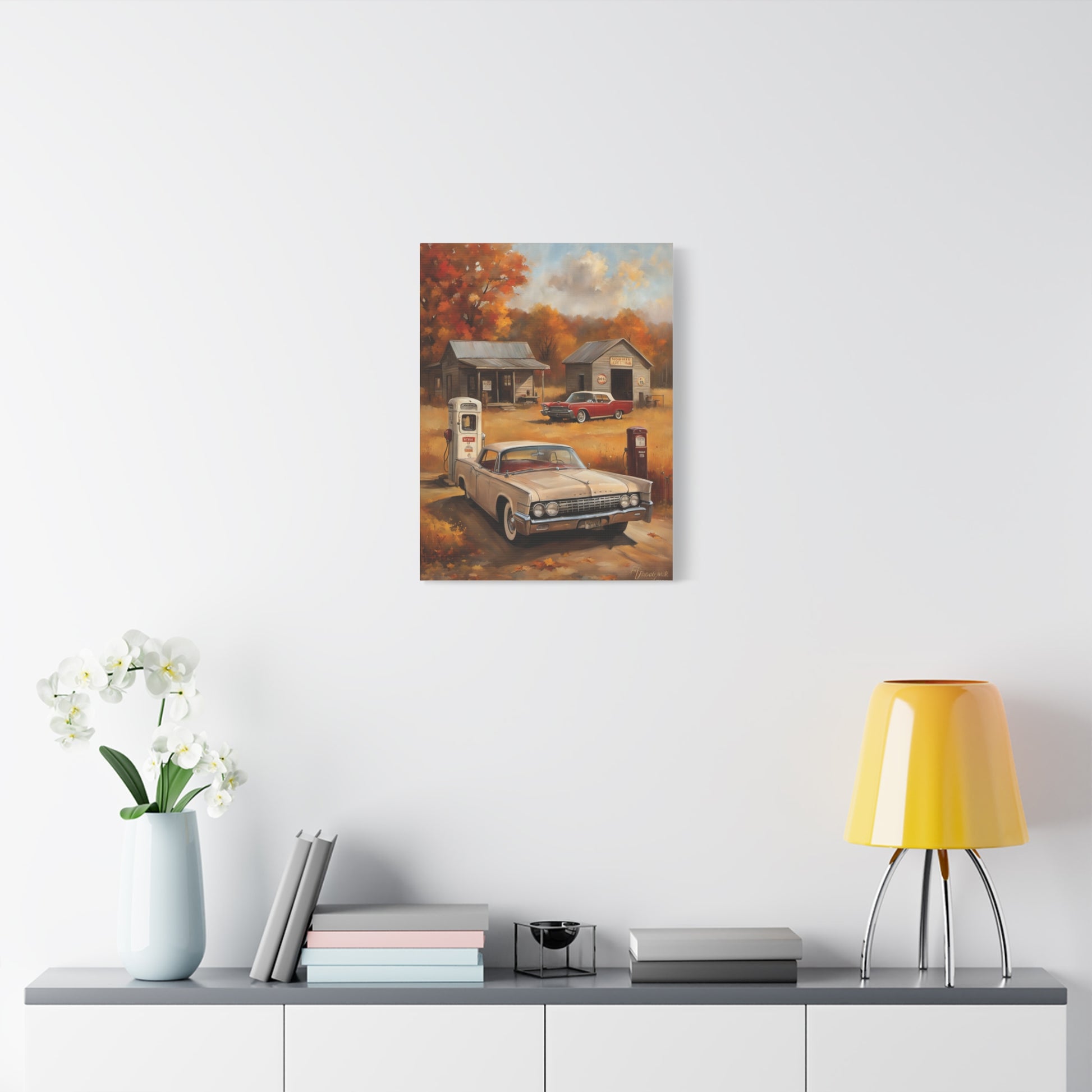 Vintage Gas Station Art Print featuring a classic car and autumn scenery for home decor