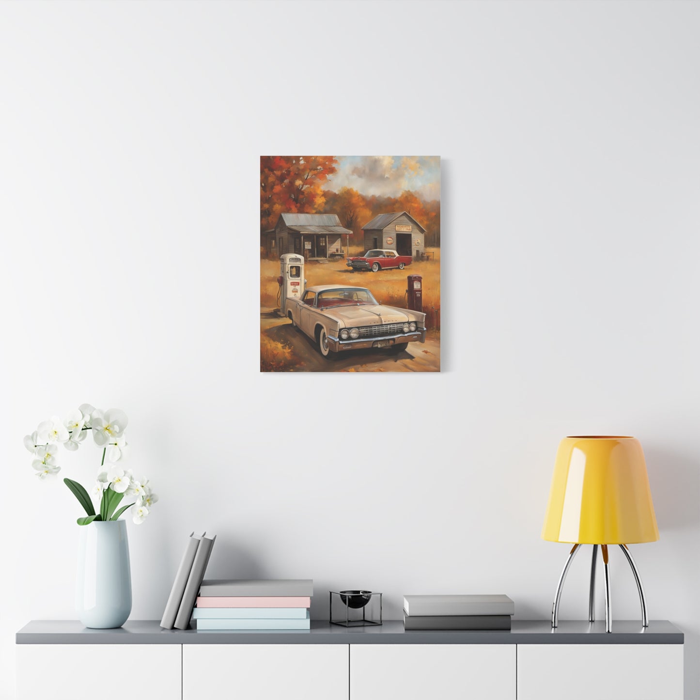 Vintage Gas Station Art Print featuring a classic car in a charming autumn setting