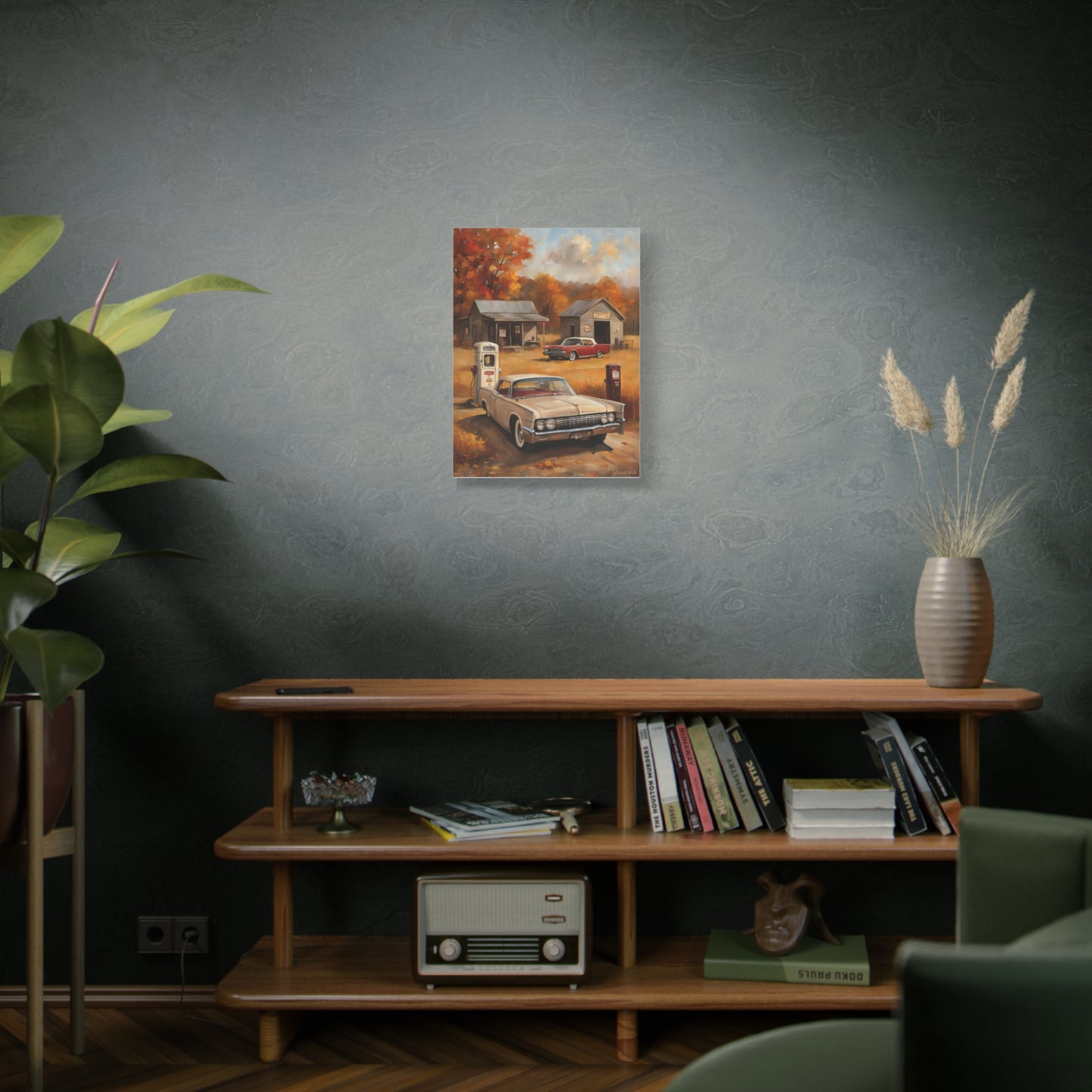 Vintage Gas Station Art Print showcasing a classic car in a cozy autumn setting