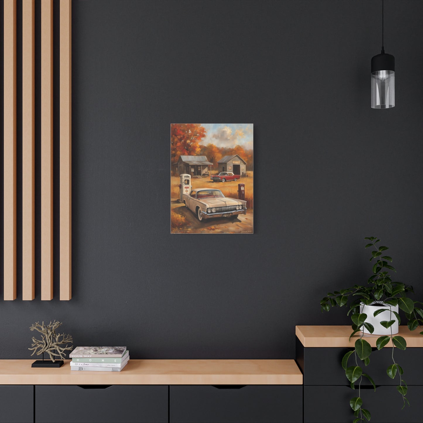 Vintage Gas Station Art Print featuring a classic car and nostalgic gas station scene