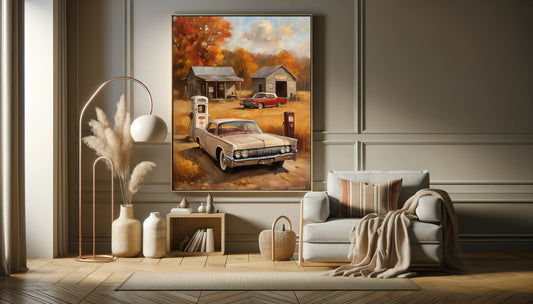 AquilVision digital vintage gas station artwork featuring classic cars and autumn scenery in a cozy living room