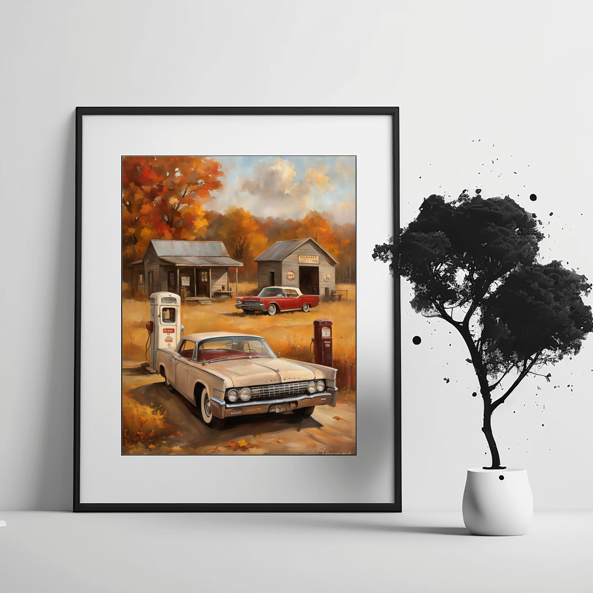 Framed digital print of vintage gas station artwork featuring classic cars and autumn scenery by AquilVision