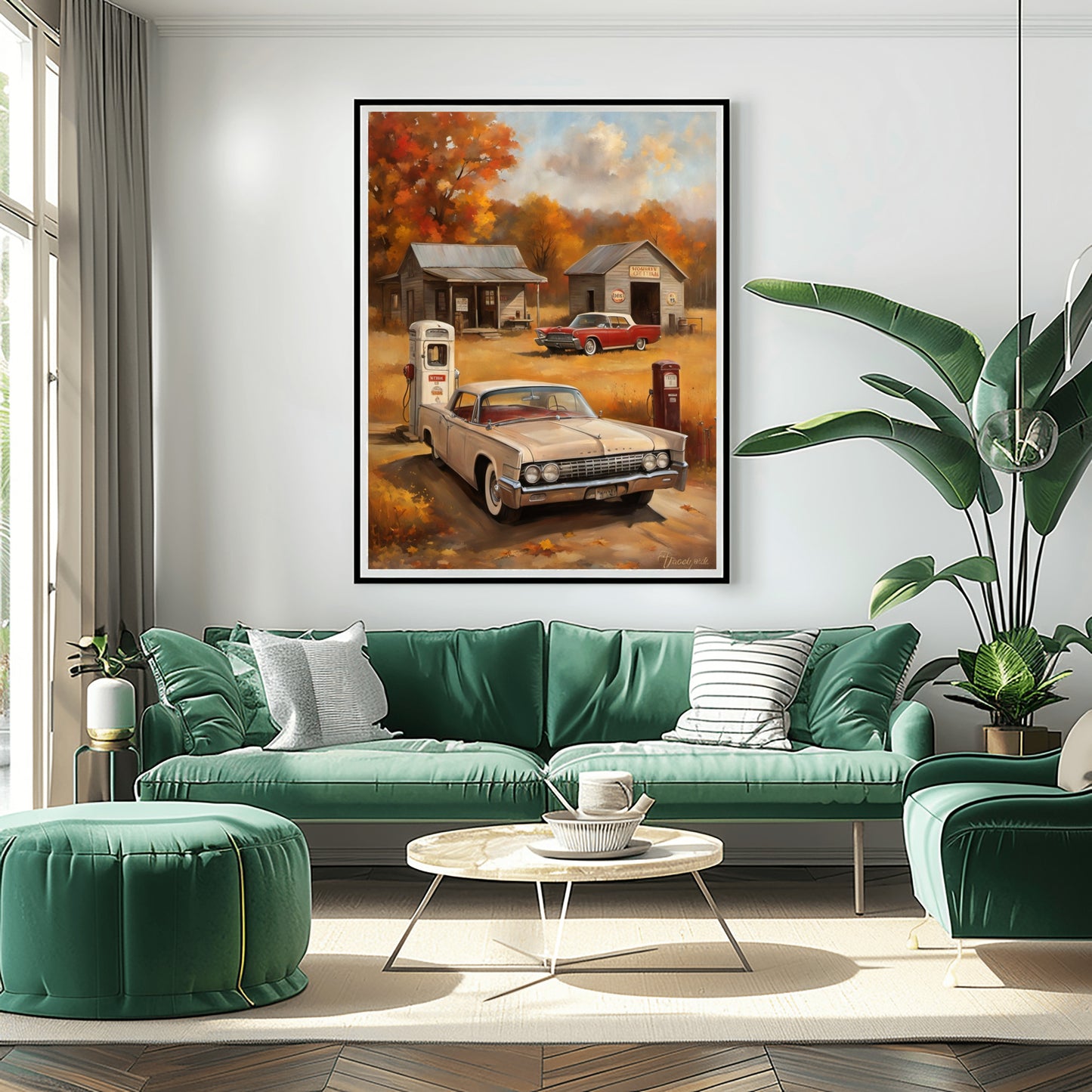 Vintage gas station artwork featuring classic cars and autumn trees displayed above green living room sofa