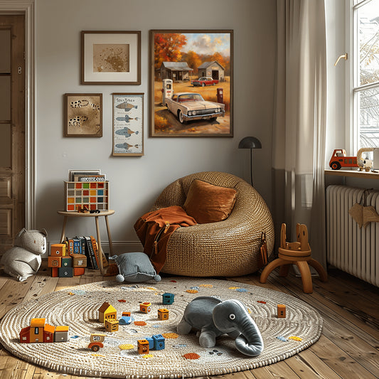 Vintage gas station artwork by AquilVision hanging in a cozy children's playroom with toys and a wicker chair