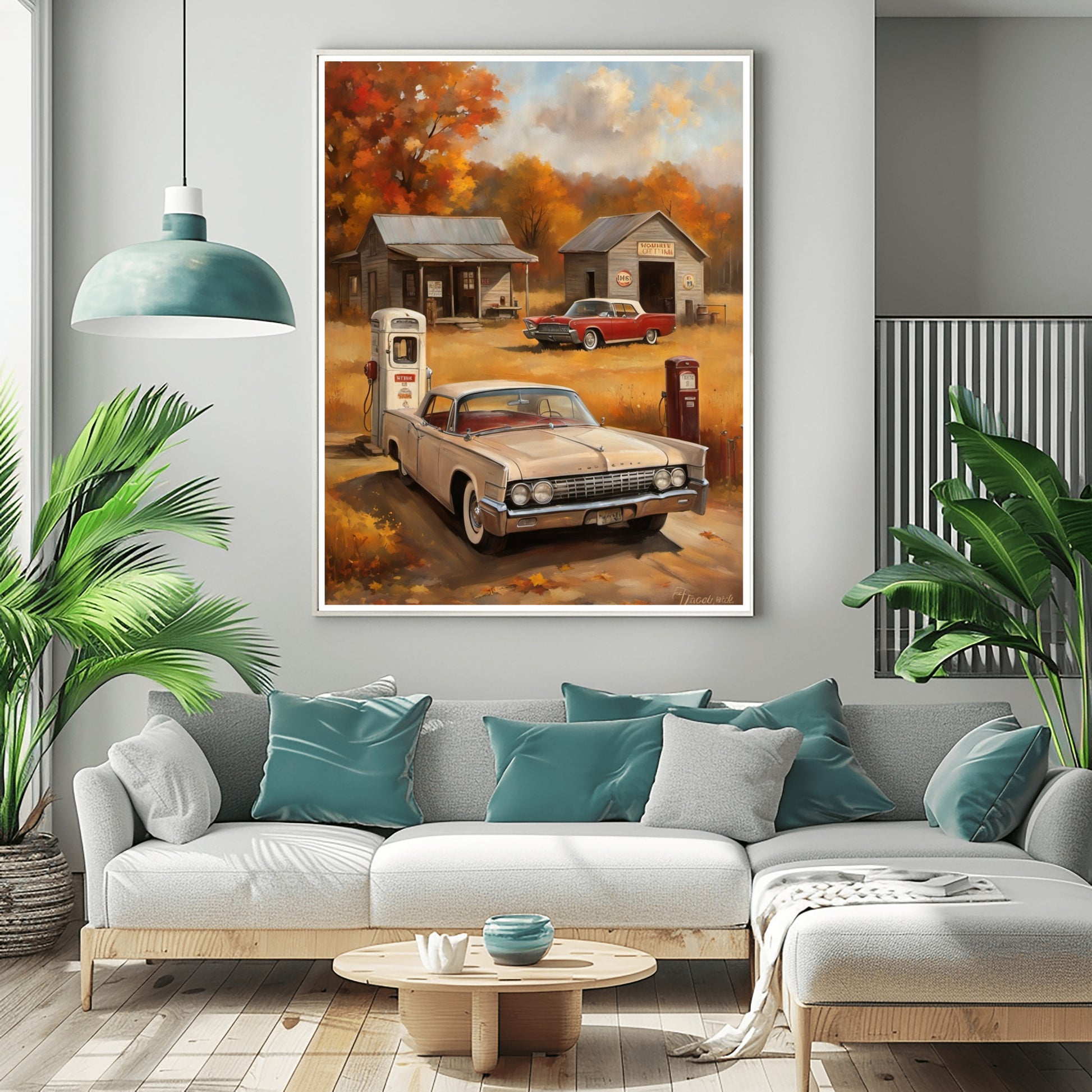 Vintage gas station artwork featuring classic cars and autumn trees in a rustic setting by AquilVision