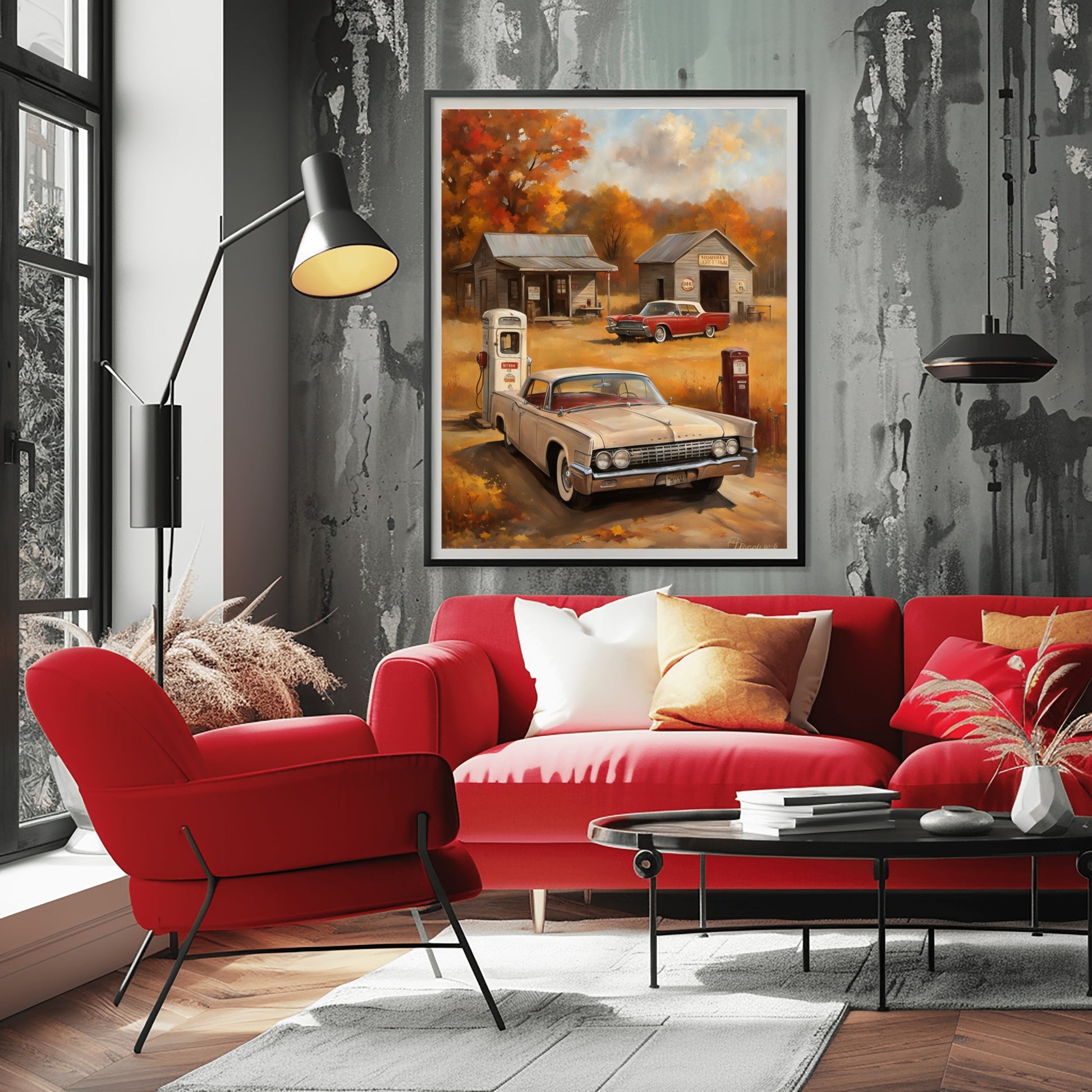 Vintage gas station artwork featuring classic cars and autumn scenery displayed in modern living room