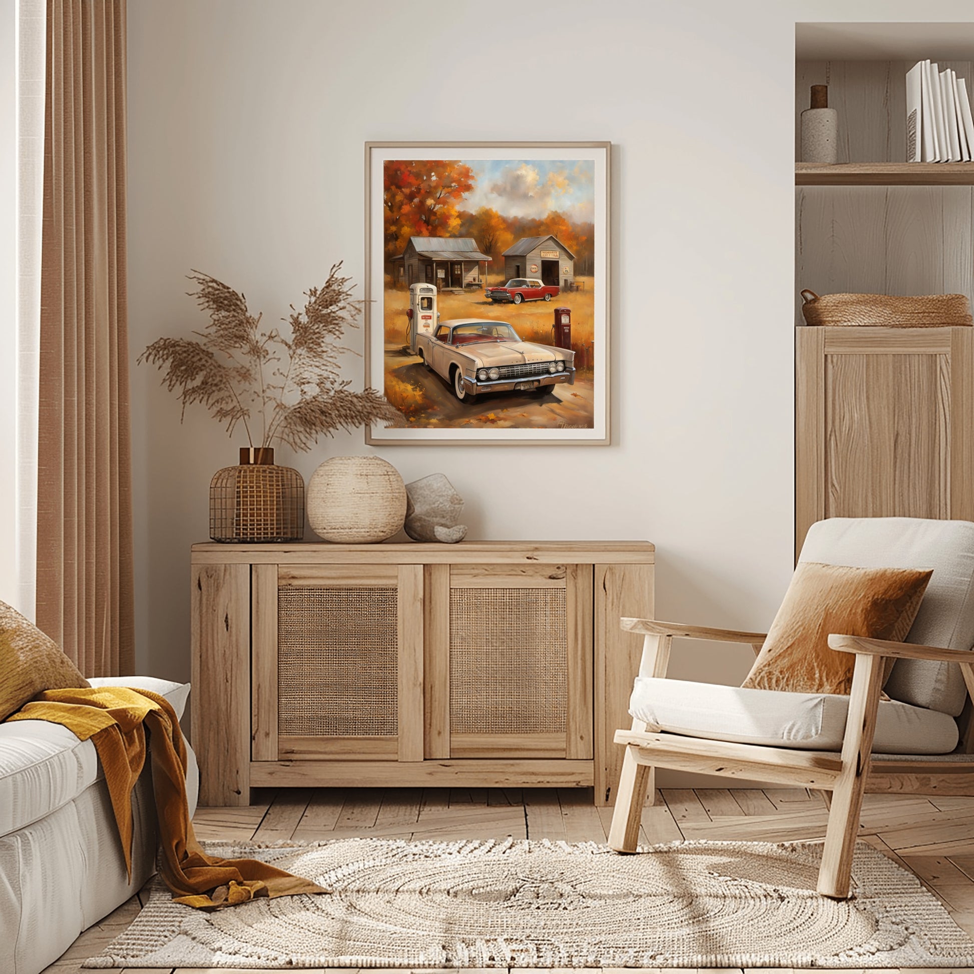 Vintage gas station artwork by AquilVision framed and hung above wooden cabinet in cozy living room
