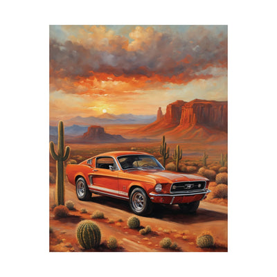 Vintage muscle car art print featuring an orange old car in a desert landscape at sunset