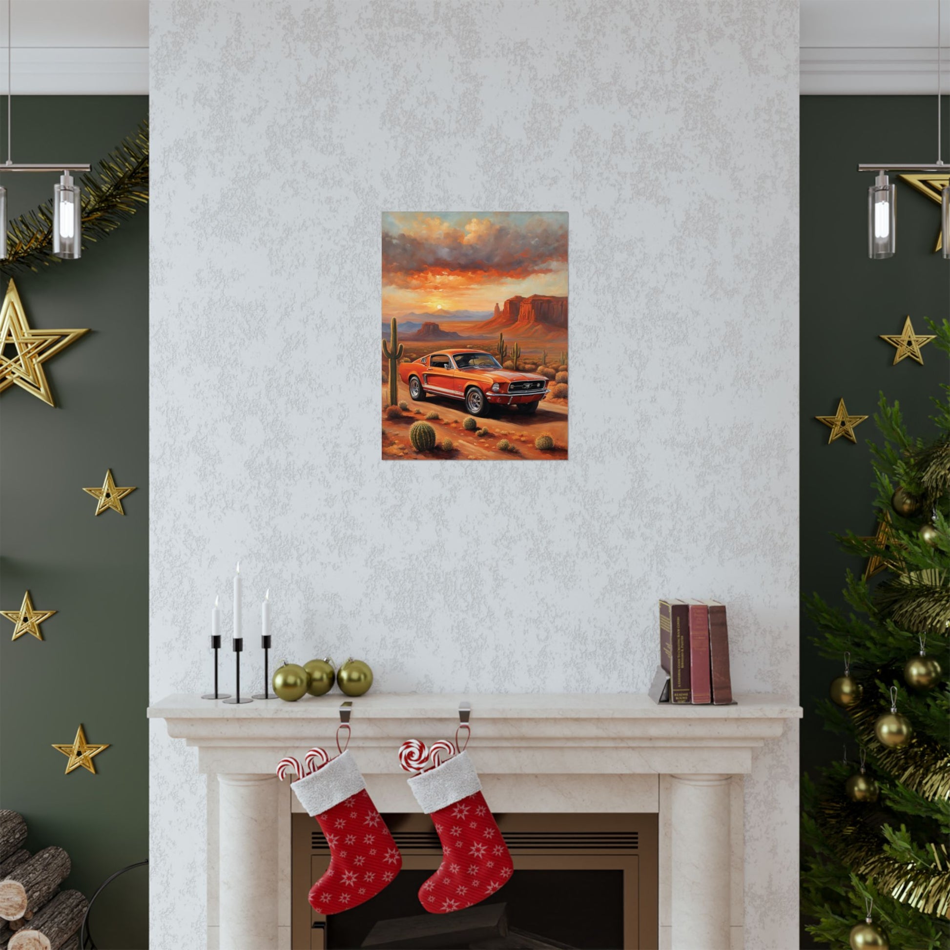 Vintage muscle car art print showcased on a wall above a fireplace in a cozy living room