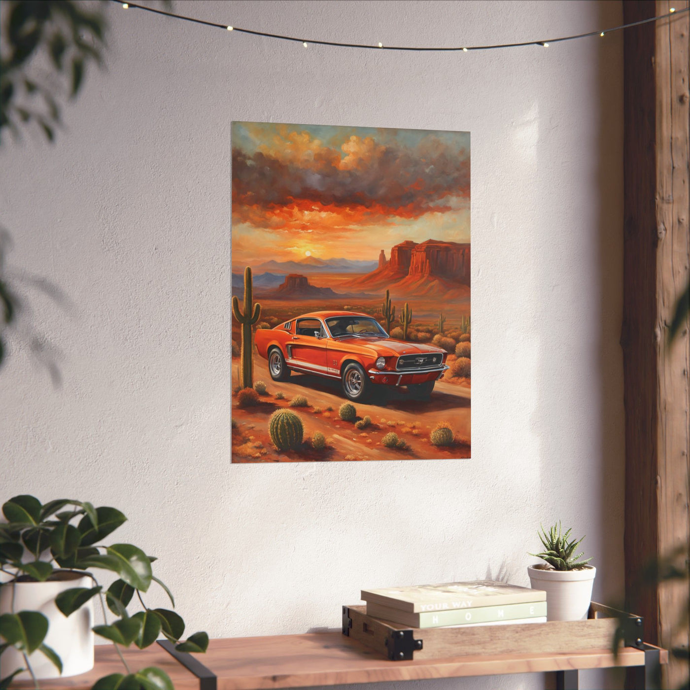 Vintage muscle car art print featuring a classic car against a desert sunset backdrop with cacti
