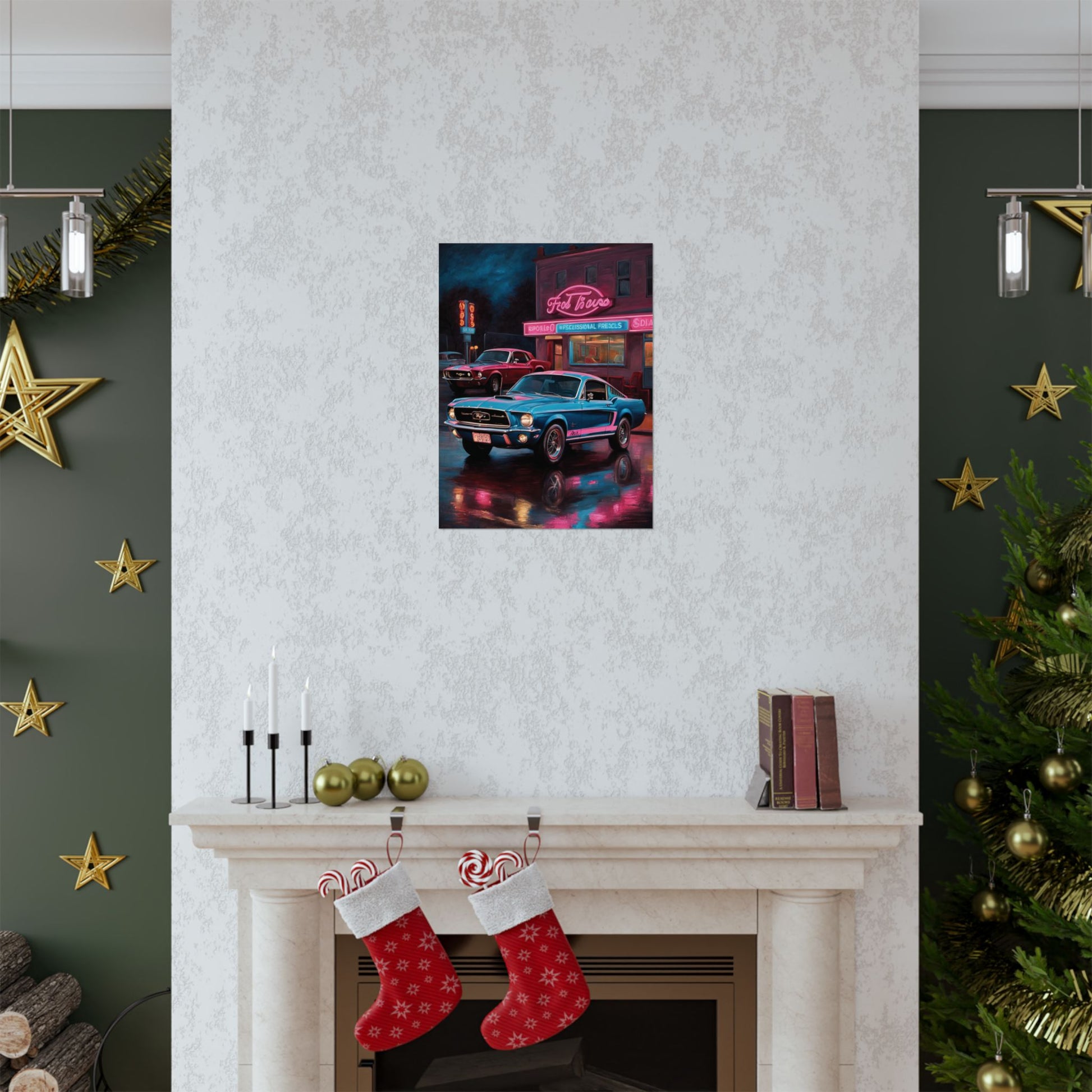 Vintage muscle car wall art displayed on a living room wall above a fireplace with holiday decor